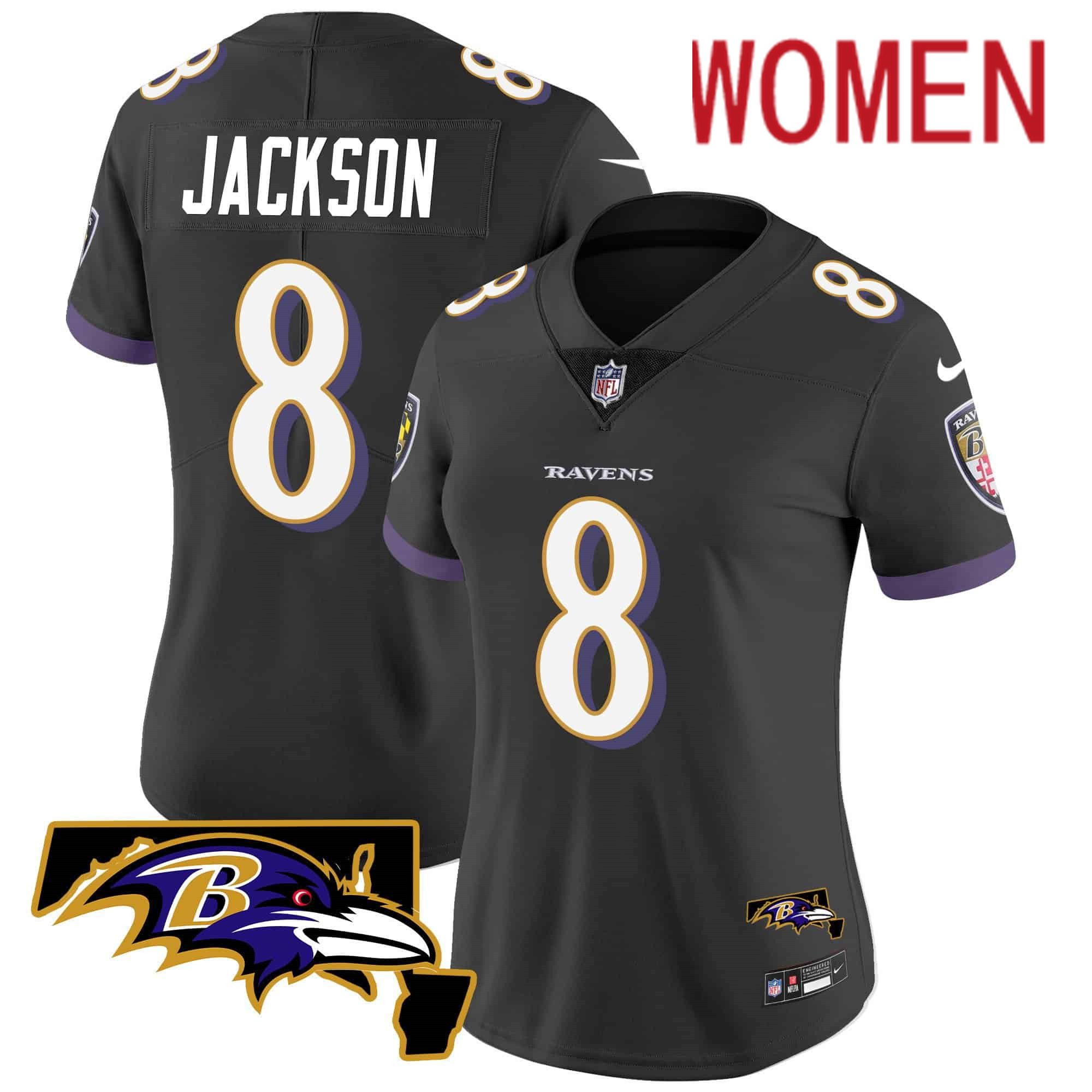 Women Baltimore Ravens #8 Jackson Black 2024 Nike Maryland Patch Vapor Limited NFL Jersey style 1